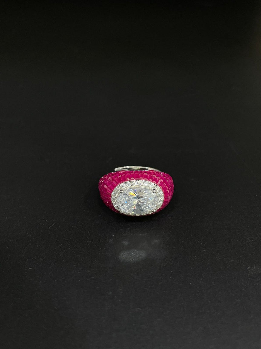 PRETTY PINK COLOR WITH A BIG DIAMOND PURE SILVER RING