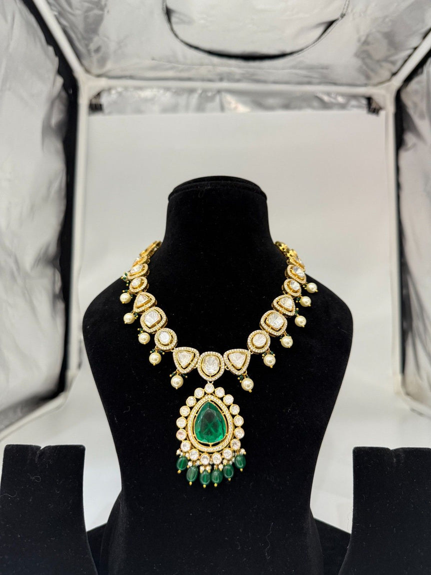 BEAUTIFUL POLKI NECKLACE WITH GREEN PENDANT AND MOTI WORK